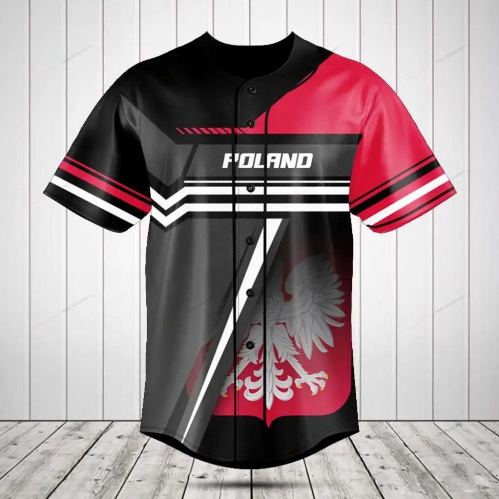 Poland Pride Baseball Jersey - Stylish Eagle Design, Red & Black, Unisex Comfort Fit