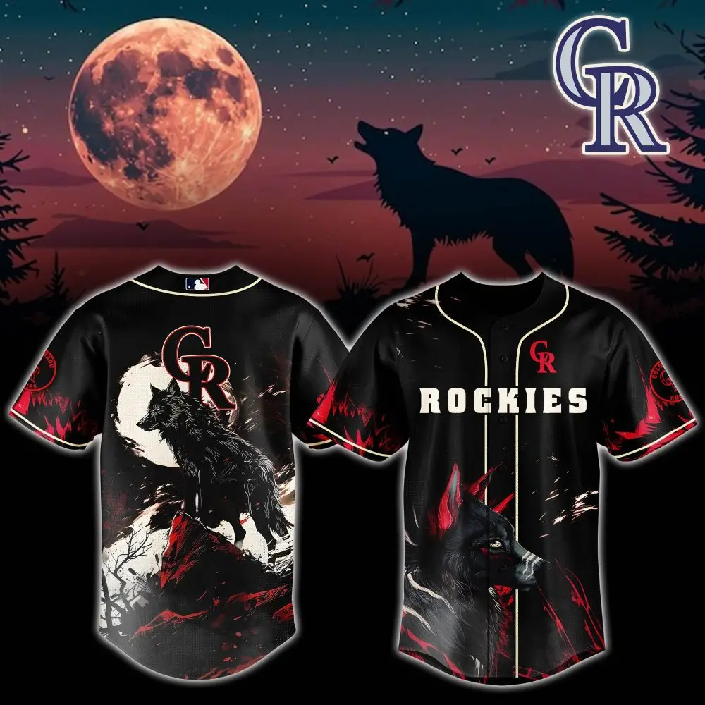 Rockies Wolf Moon Baseball Jersey - Bold Black & Red Design For Fans