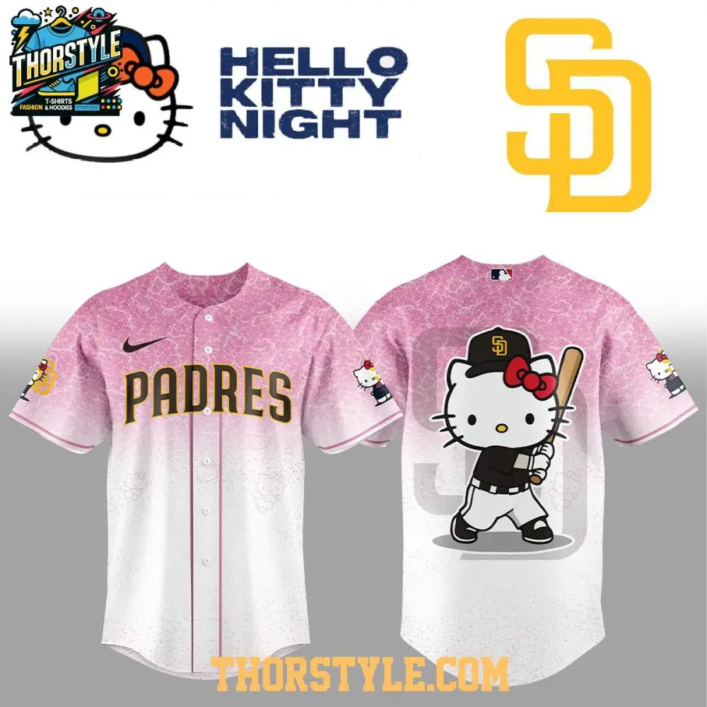 San Diego Padres Hello Kitty Night 2025 Be One Team Baseball Jersey San Diego Padres Hello Kitty Night 2025 Be One Team Baseball Jersey - Image 1