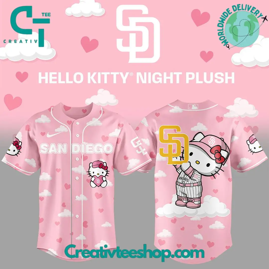 San Diego Padres X Hello Kitty Night Plush Pink Baseball Jersey San Diego Padres X Hello Kitty Night Plush Pink Baseball Jersey - Image 1