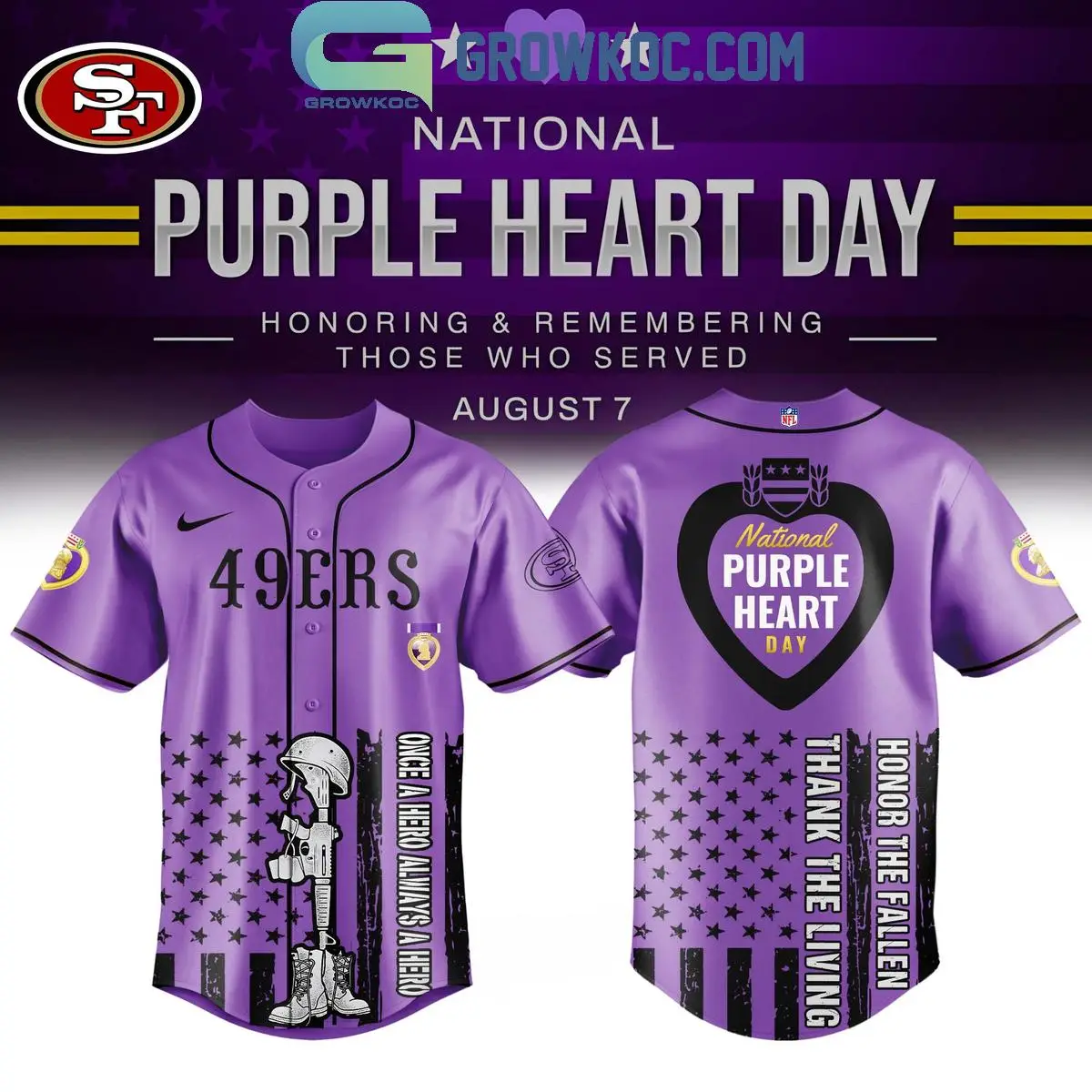 San Francisco 49ers Purple Heart Day 2025 Baseball Jersey