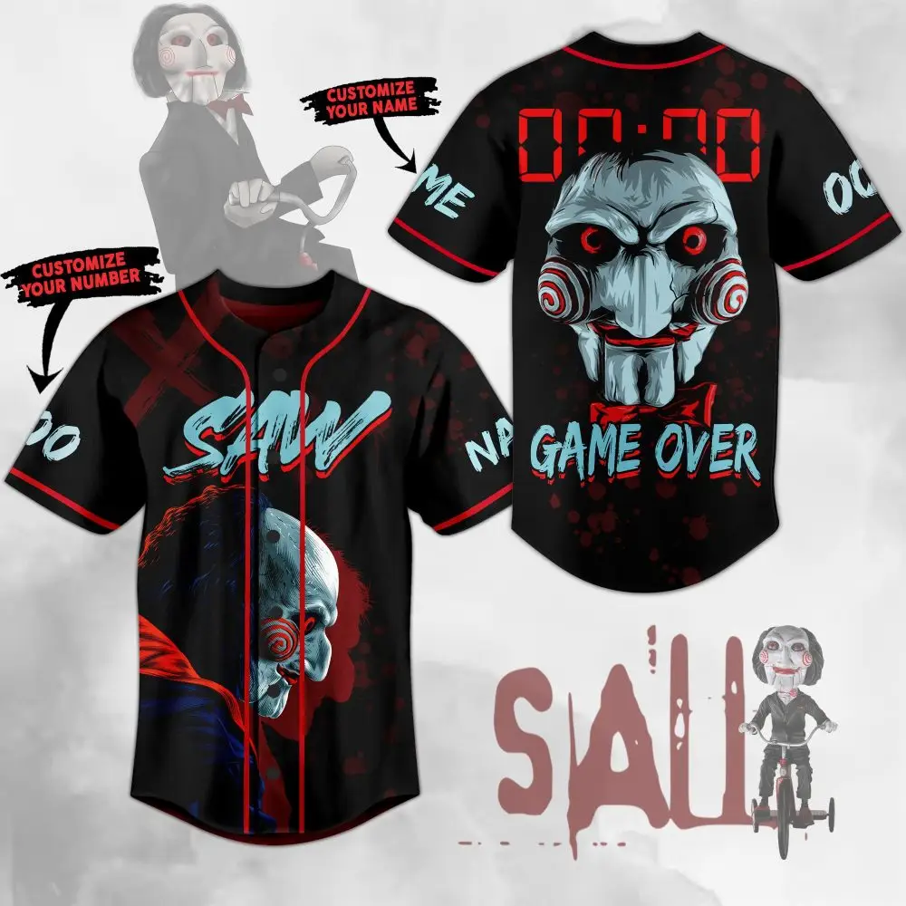 Saw Horror Baseball Jersey - Custom Name & Number, Game Over Design, Halloween Fan Gift