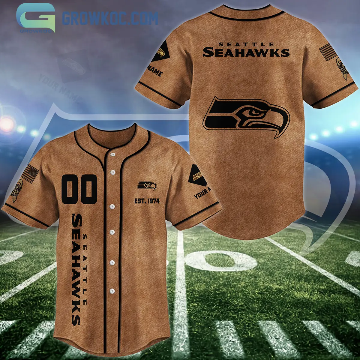 Seattle Seahawks Brown American Flag Personalized Baseball Jersey
