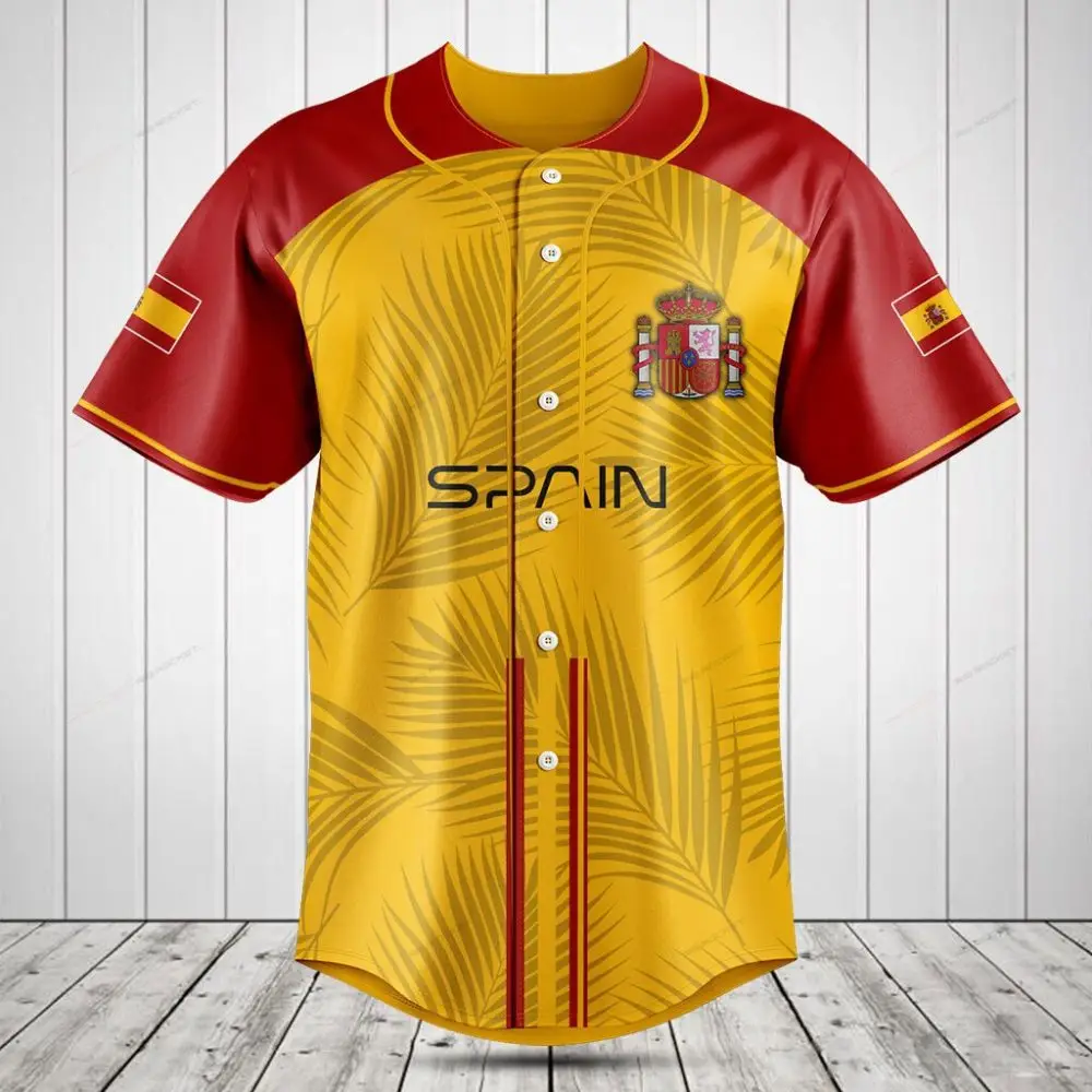 Spain Baseball Jersey - Stylish Red & Yellow Team Shirt With Palm Leaf Design