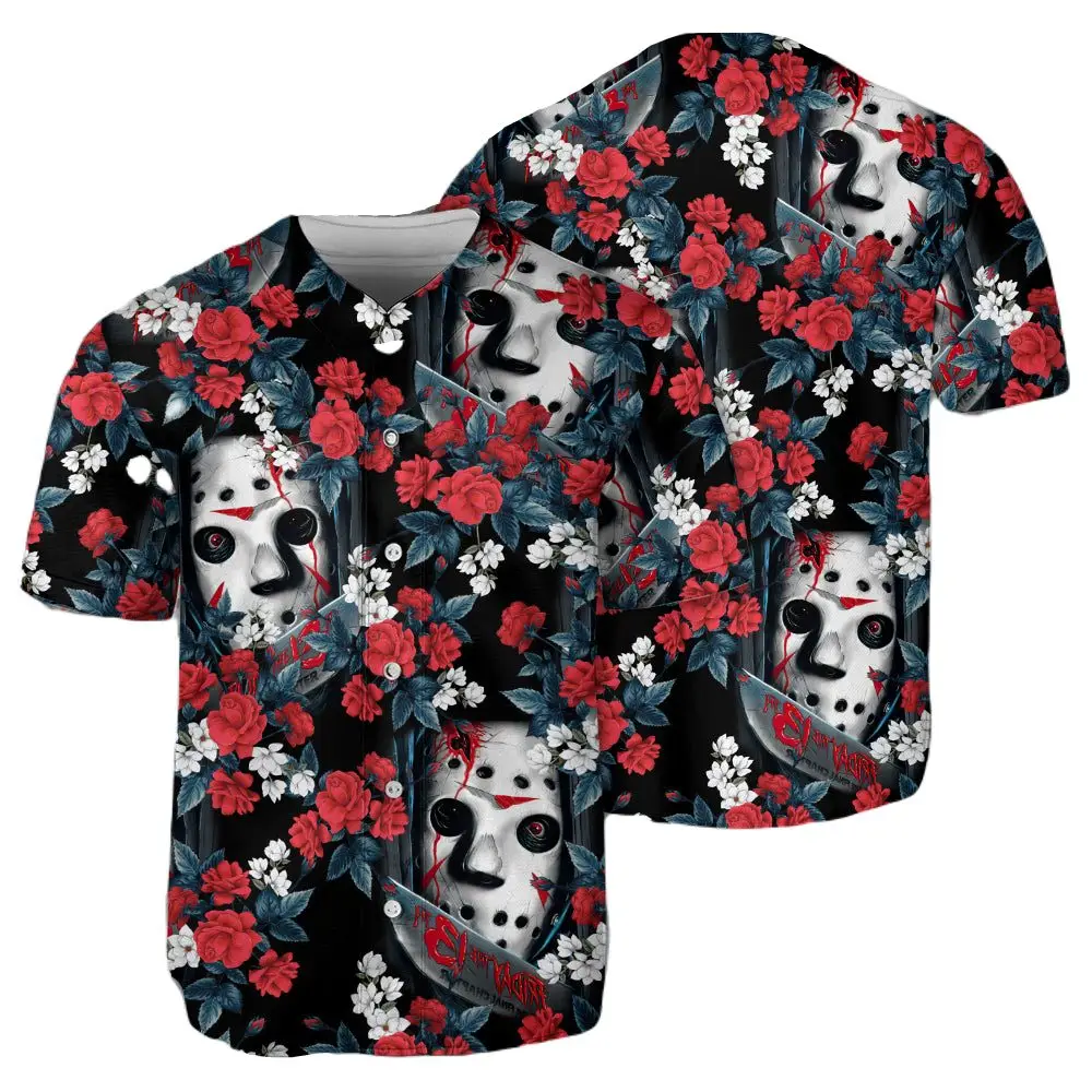Spooky Floral Horror Mask Baseball Jersey – Unique Halloween Shirt For Fans