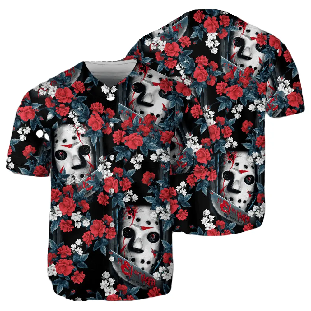 Spooky Floral Horror Mask Halloween Baseball Jersey – Unique Fan Shirt - Tazila