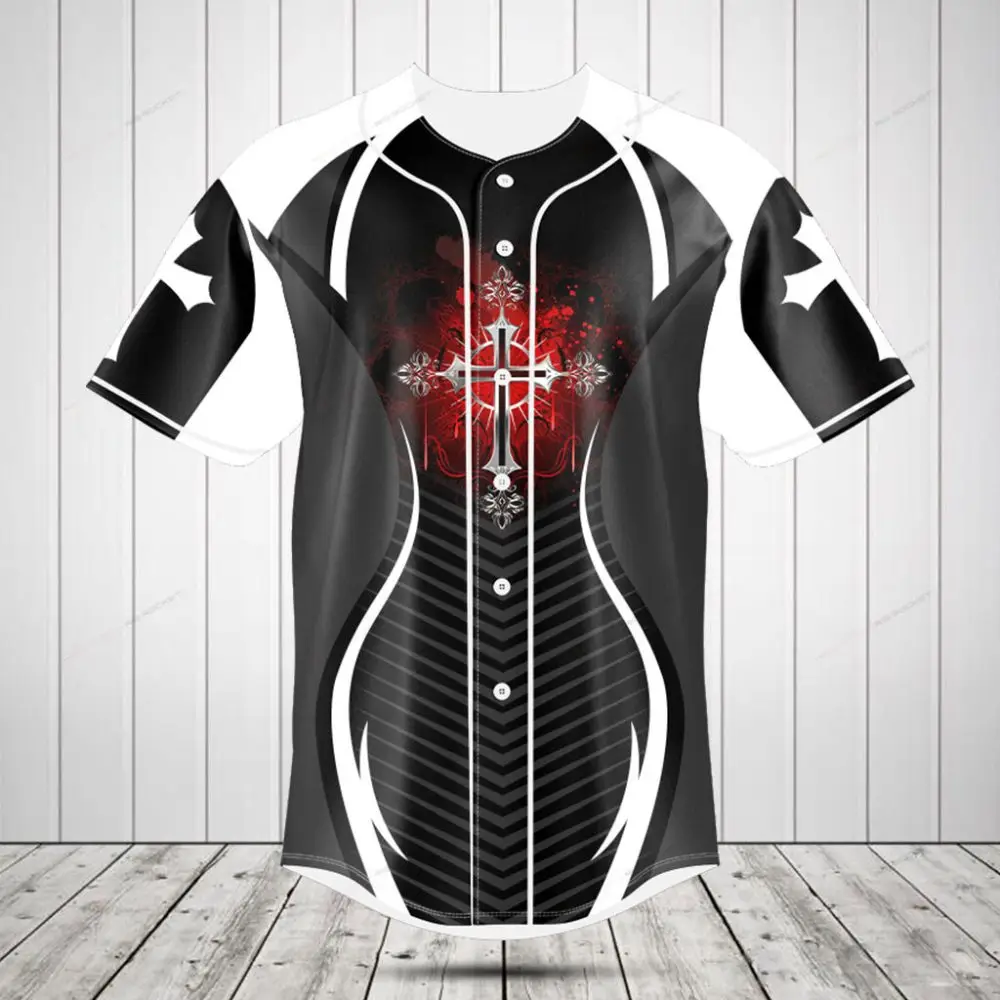 Stylish Cross Print Black & White Button-Up Jersey Shirt - Men'S Athletic Casual Wear