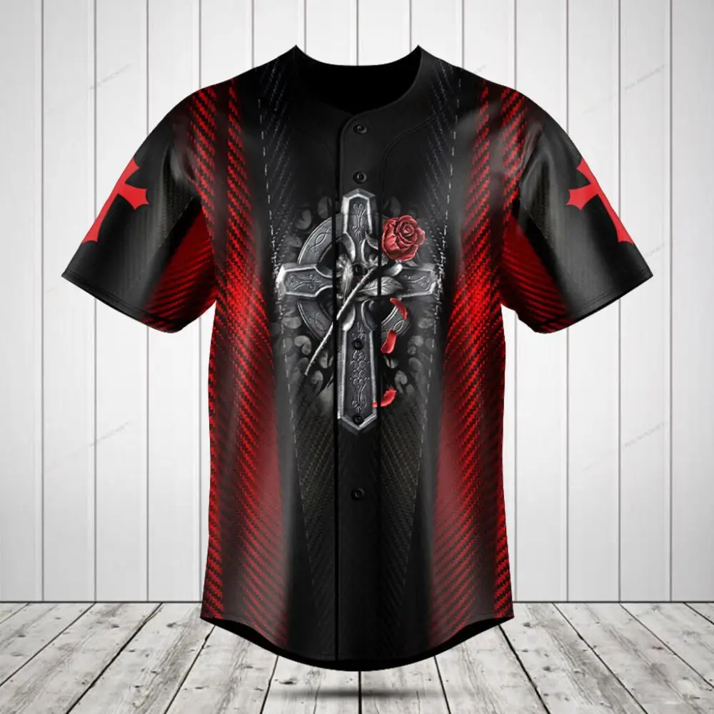 Stylish Gothic Cross & Rose Baseball Jersey - Unique Red & Black Design For Men