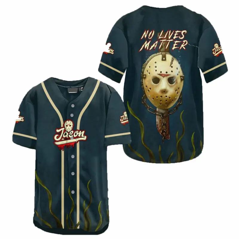 Stylish Horror Baseball Jersey – 'No Lives Matter' Jason Mask Design Tee