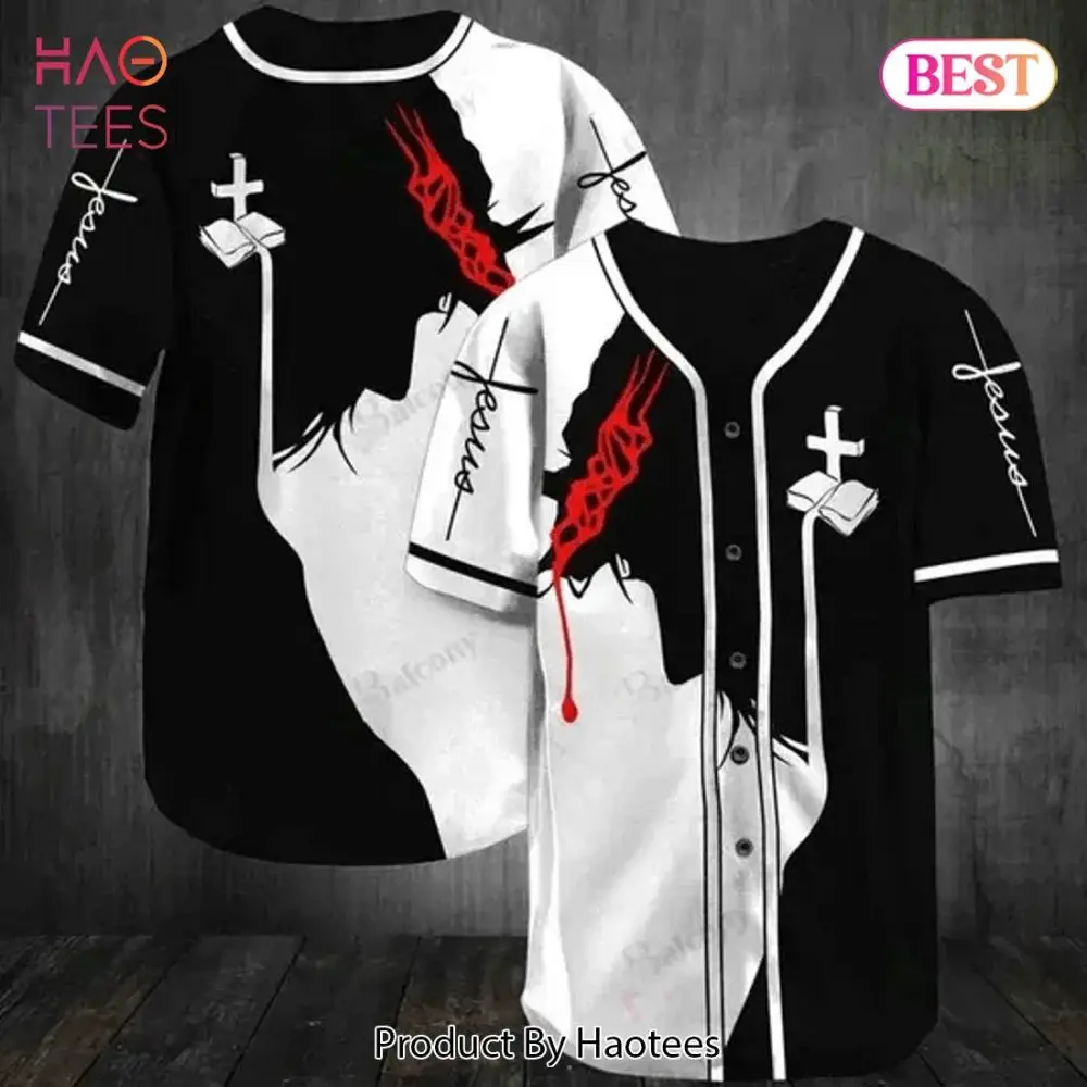 Stylish Jesus Baseball Jersey Shirt – Unique Black & White Design With Cross & Red Accents