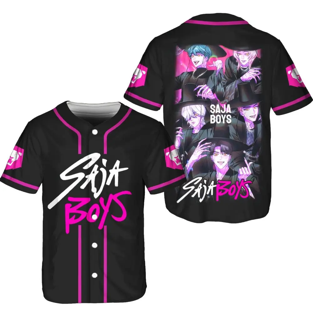 Stylish Saja Boys Anime Baseball Jersey - Vibrant Black & Pink Design For Fans
