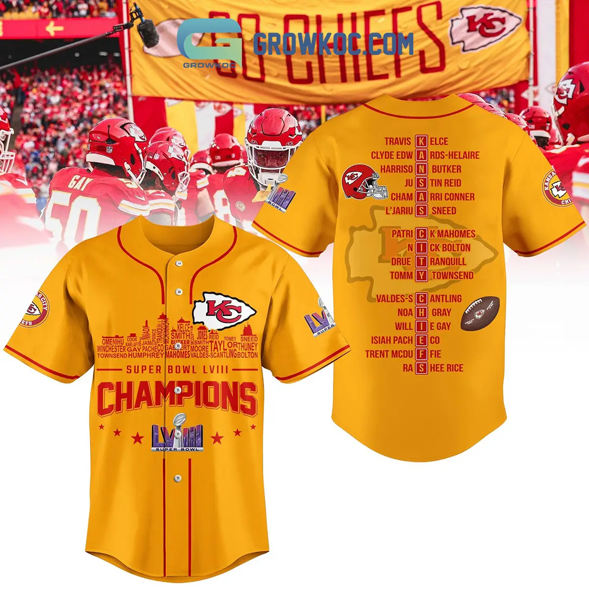Super Bowl LVIII Champions Chiefs Gold Design Baseball Jersey