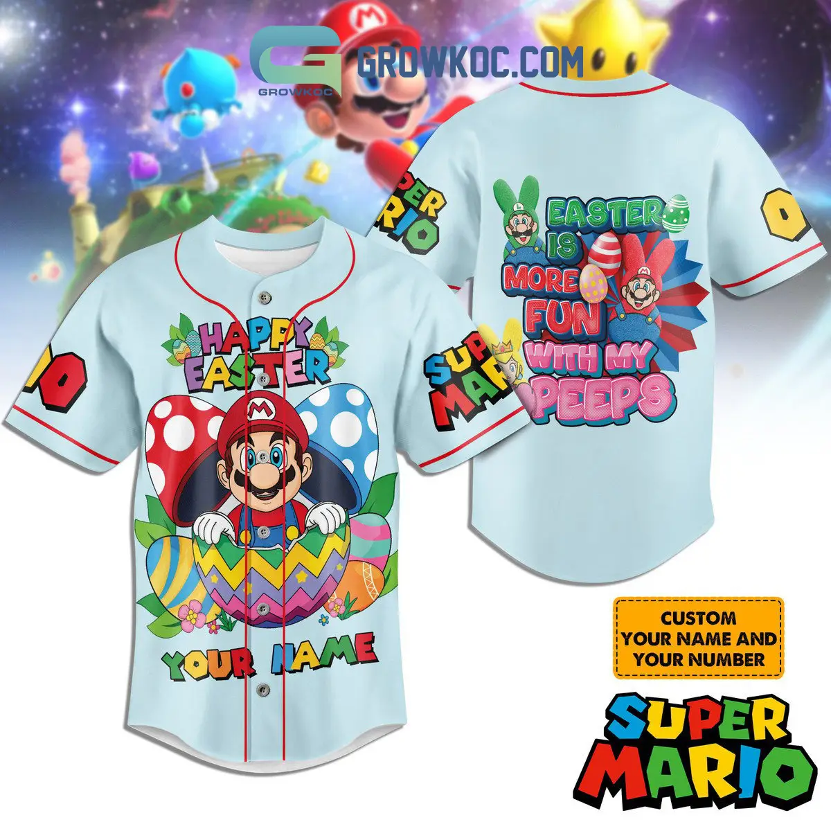 Super Mario Easter Is More Fun With My Peeps Blue Personalized Baseball Jersey