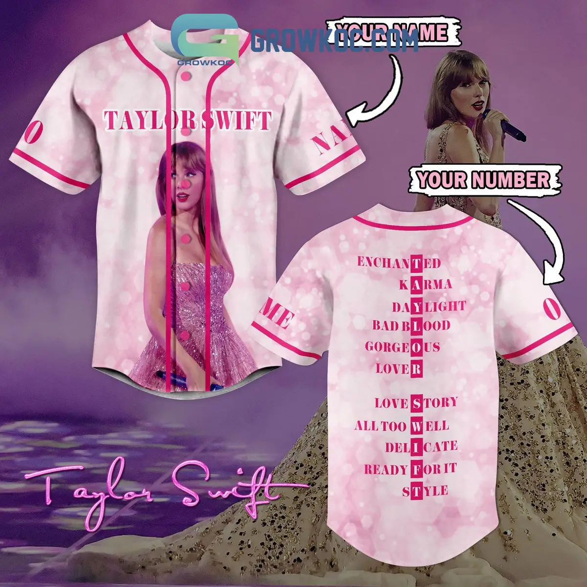 Taylor Swift All Hit Song Pink Design Personalized Baseball Jersey