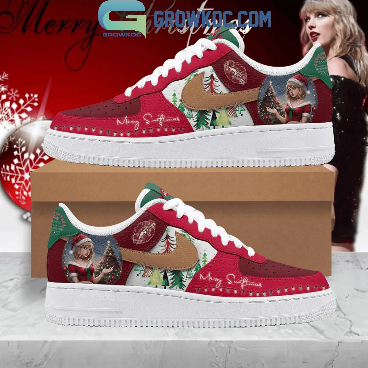 Taylor Swift Merry Swiftmas Christmas Tree Farm Air Force 1 Shoes Taylor Swift Merry Swiftmas Christmas Tree Farm Air Force 1 Shoes - Image 1