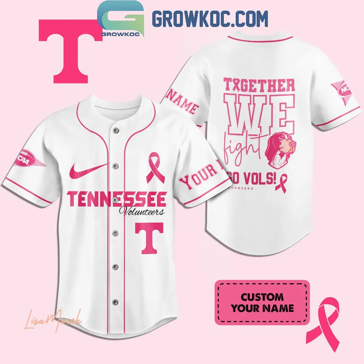 Tennessee Volunteers Together We Fight Breast Cancer Personalized Baseball Jersey