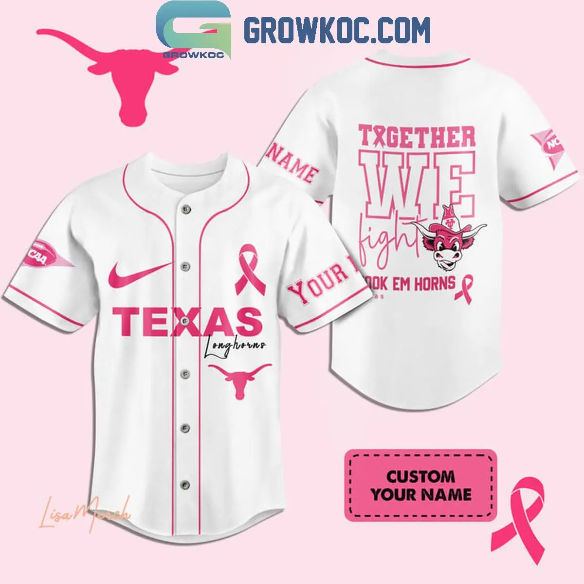 Texas Longhorns Together We Fight Breast Cancer Personalized Baseball Jersey