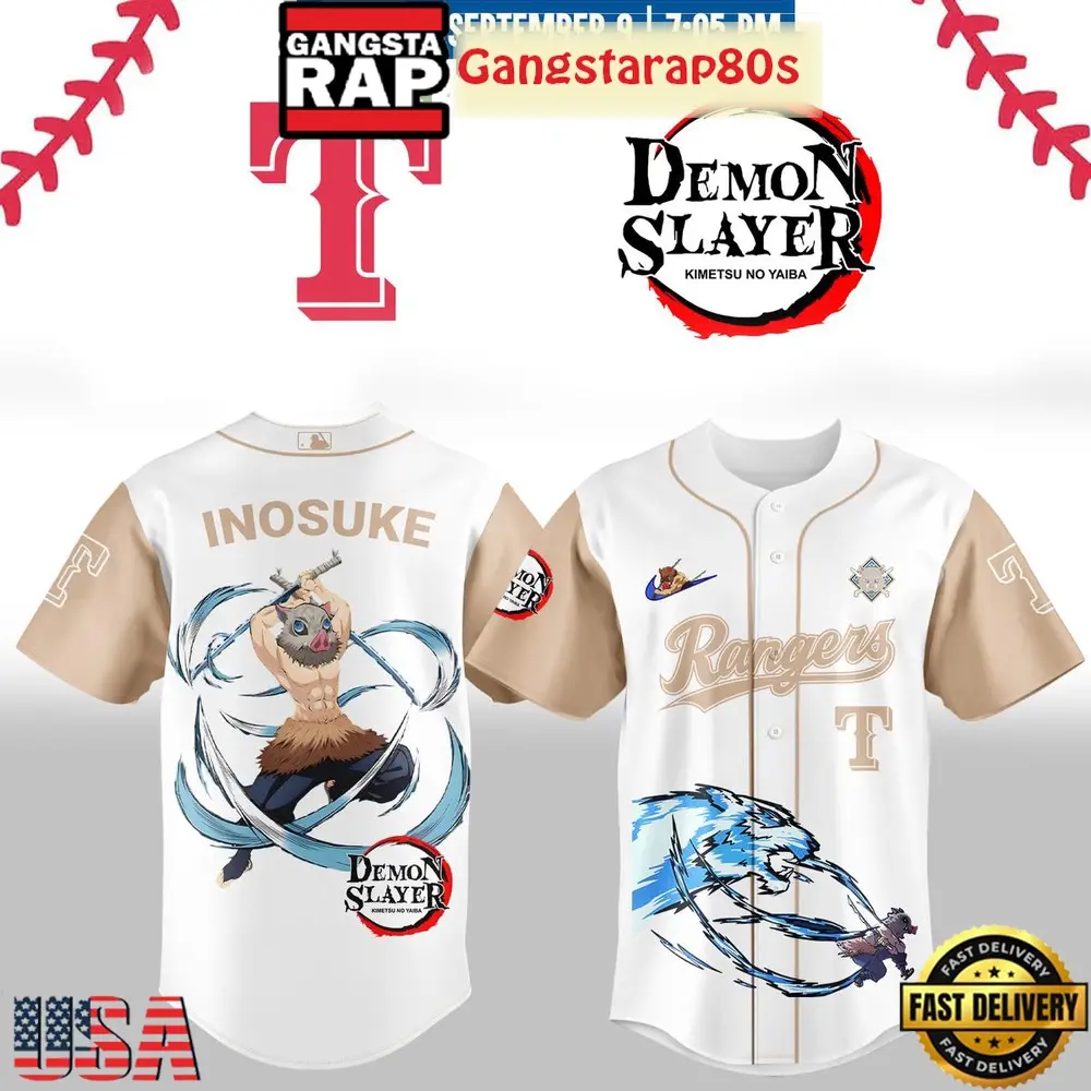 Texas Rangers Demon Slayer Inosuke Limited Edition Baseball Jersey Texas Rangers Demon Slayer Inosuke Limited Edition Baseball Jersey - Image 1