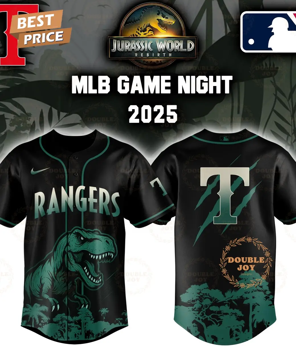 Texas Rangers Jurassic World Rebirth Game Night 2025 Special Edition Baseball Jersey Texas Rangers Jurassic World Rebirth Game Night 2025 Special Edition Baseball Jersey - Image 1