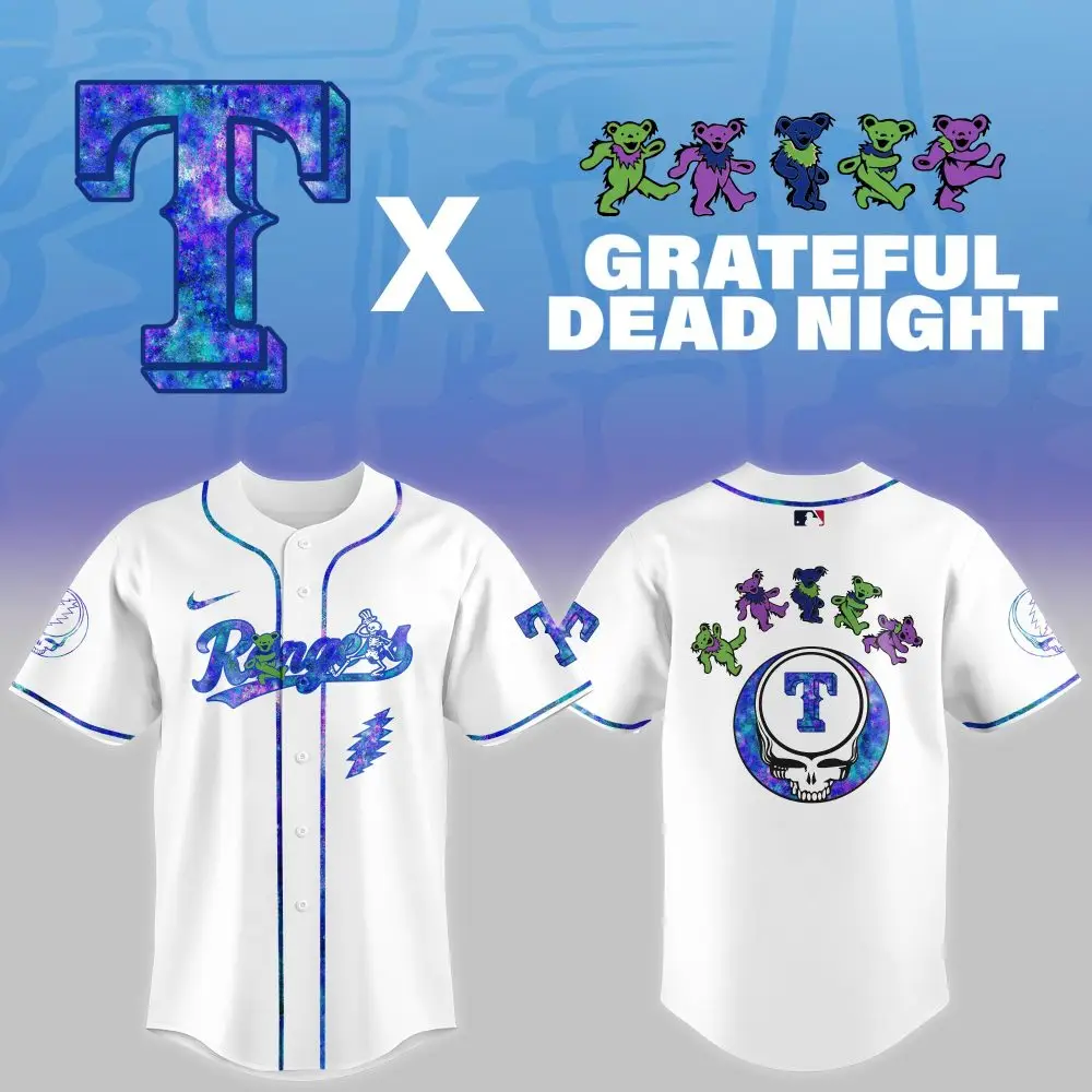 Texas Rangers Mlb X Grateful Dead Theme Night Game Custom Baseball Jersey Texas Rangers Mlb X Grateful Dead Theme Night Game Custom Baseball Jersey - Image 1