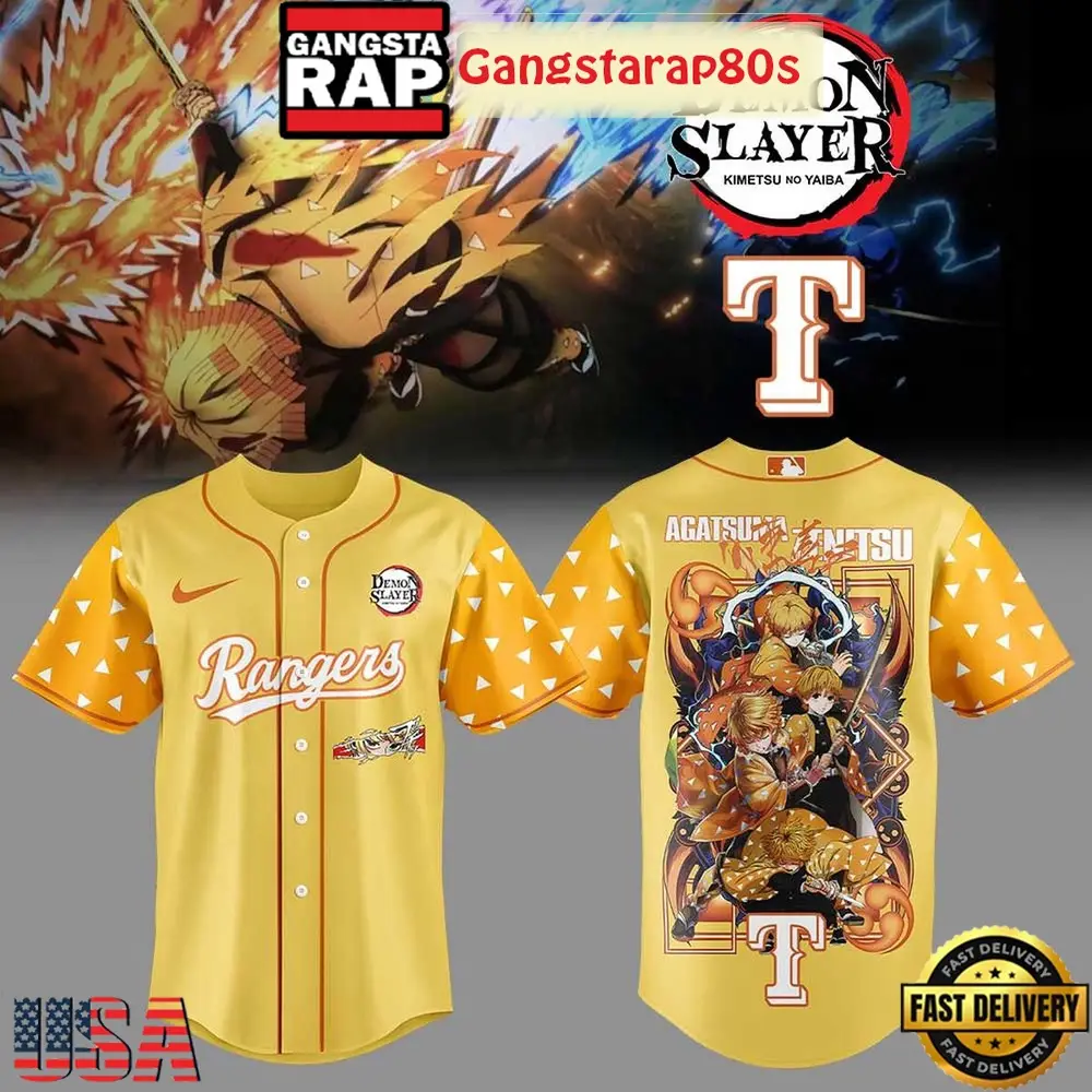 Texas Rangers x Agatsuma Zenitsu Demon Slayer Infinity Catsle 2025 Special Baseball Jersey