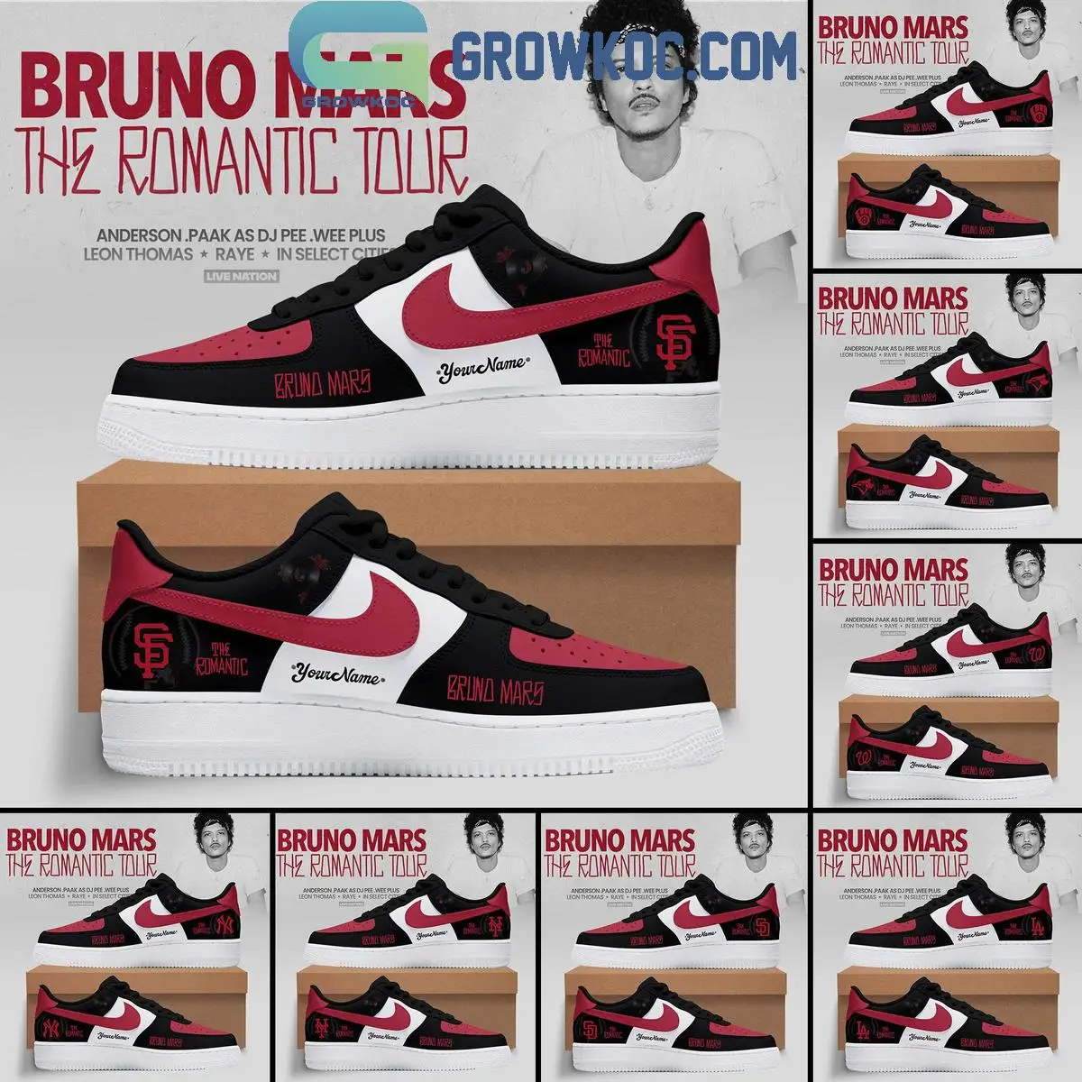 The Romantic Tour 2026 Bruno Mars x All Team MLB Black Air Force 1 Shoes
