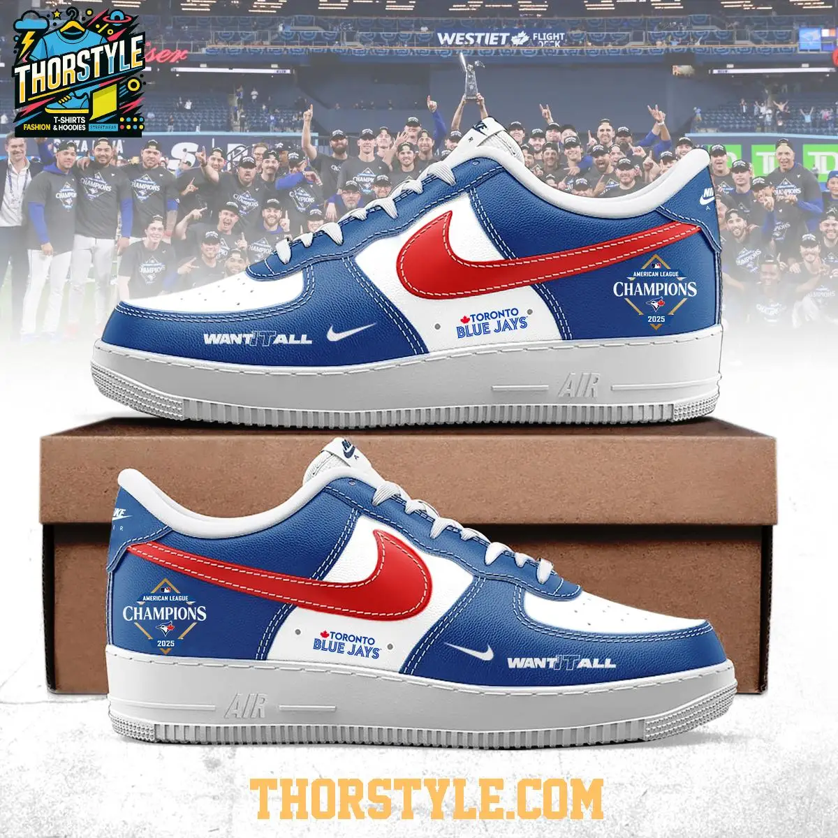 Toronto Blue Jays 2025 American League Champs Air Force 1 Shoes Toronto Blue Jays 2025 American League Champs Air Force 1 Shoes - Image 1