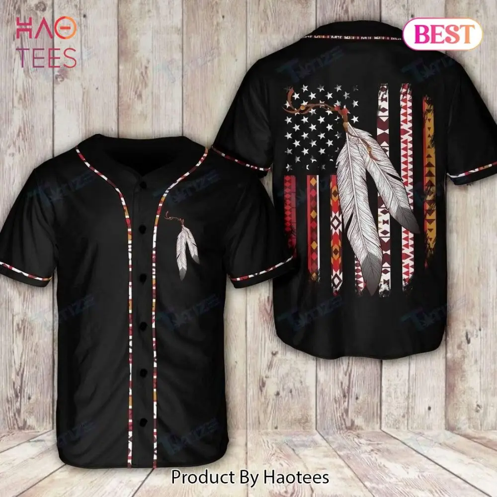 Tribal Feather Baseball Jersey - Stylish Black American Flag Shirt By Haotees