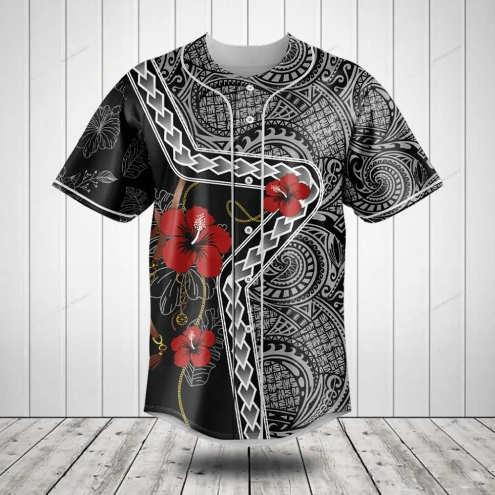 Tribal Floral Baseball Jersey - Bold Black & Red Design, Unisex Summer Style