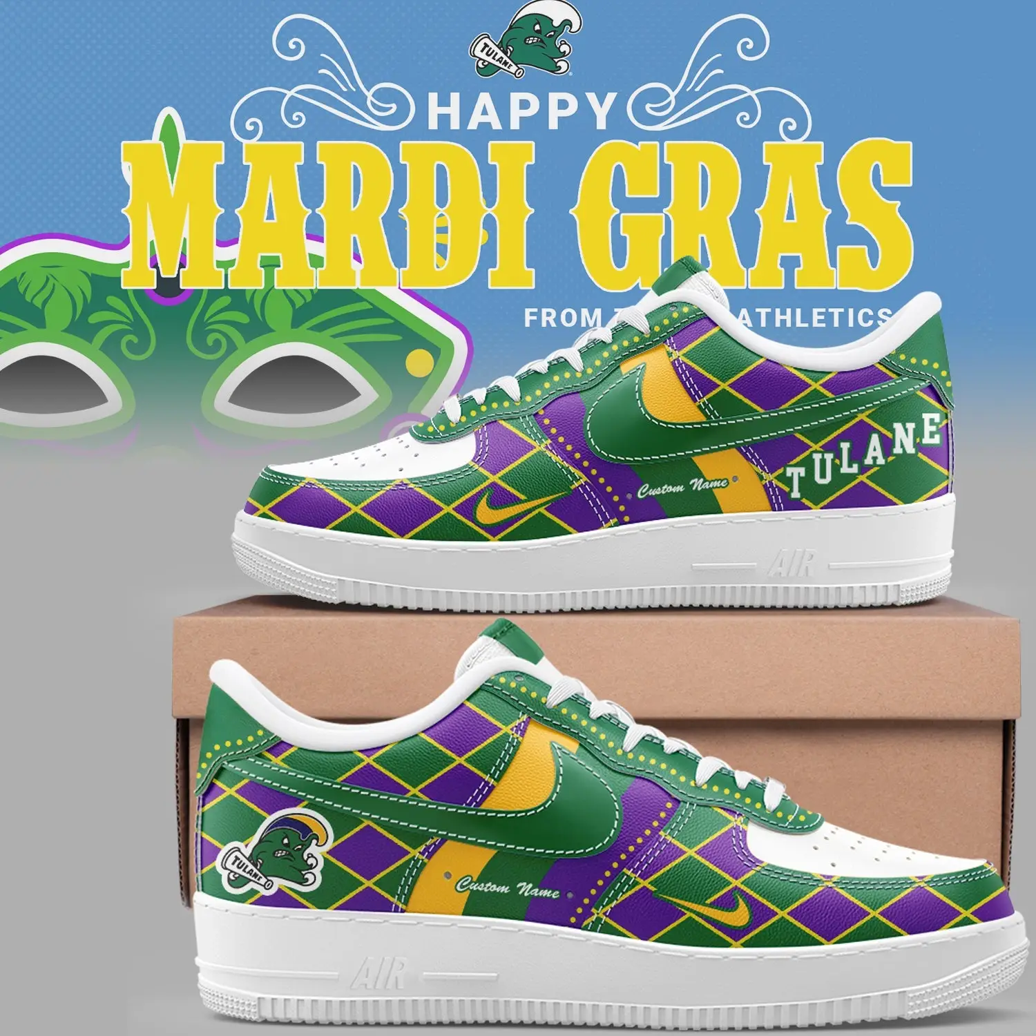 Tulane Baseball Limited "Mardi Gras 2025" Air Force 1 Shoes | CA55
