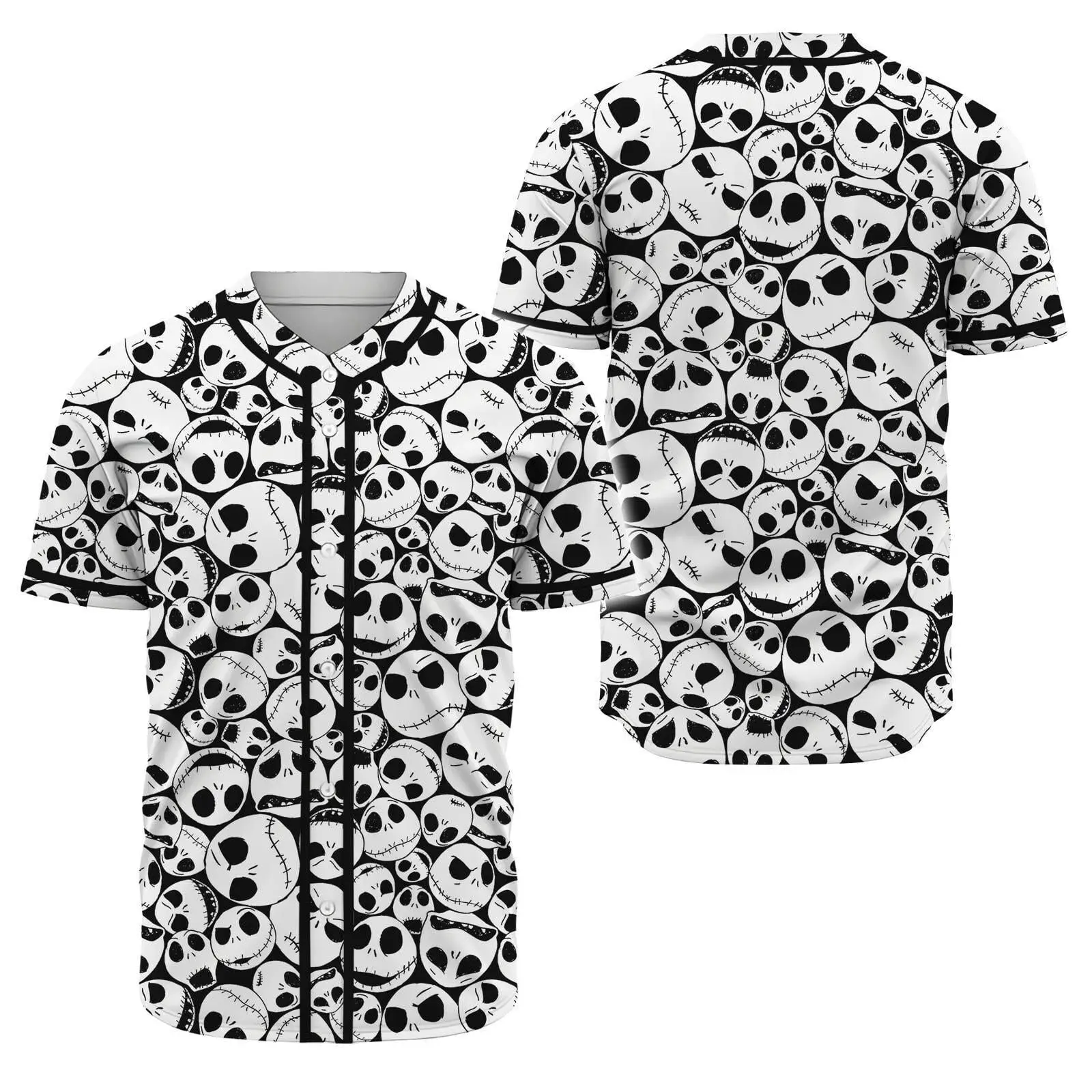Unisex Skull Pattern Baseball Jersey – Black & White Halloween Shirt, Breathable Fabric - Tazila
