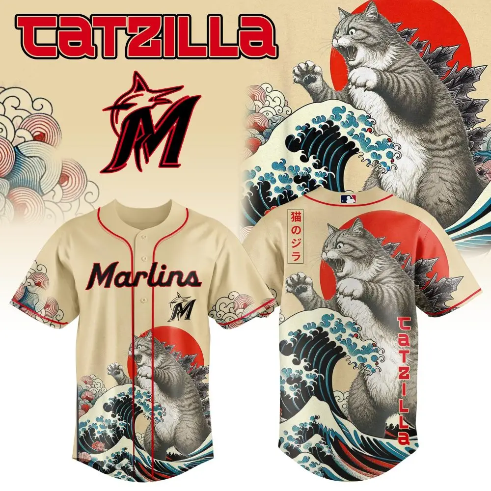 Unleash Style: Marlins Catzilla Baseball Jersey - Unique Art & Comfort
