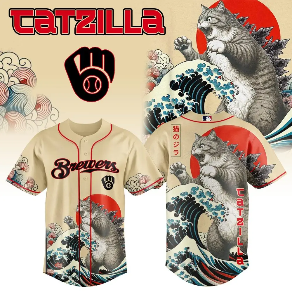 Unleash Style With Catzilla Baseball Jersey – Unique Cat Design, Perfect For Brewers Fans!