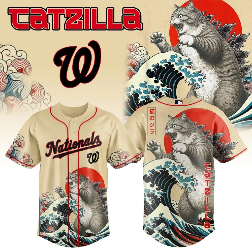 Unleash Style With Catzilla Nationals Baseball Jersey - Unique Cat Design, Perfect Gift!