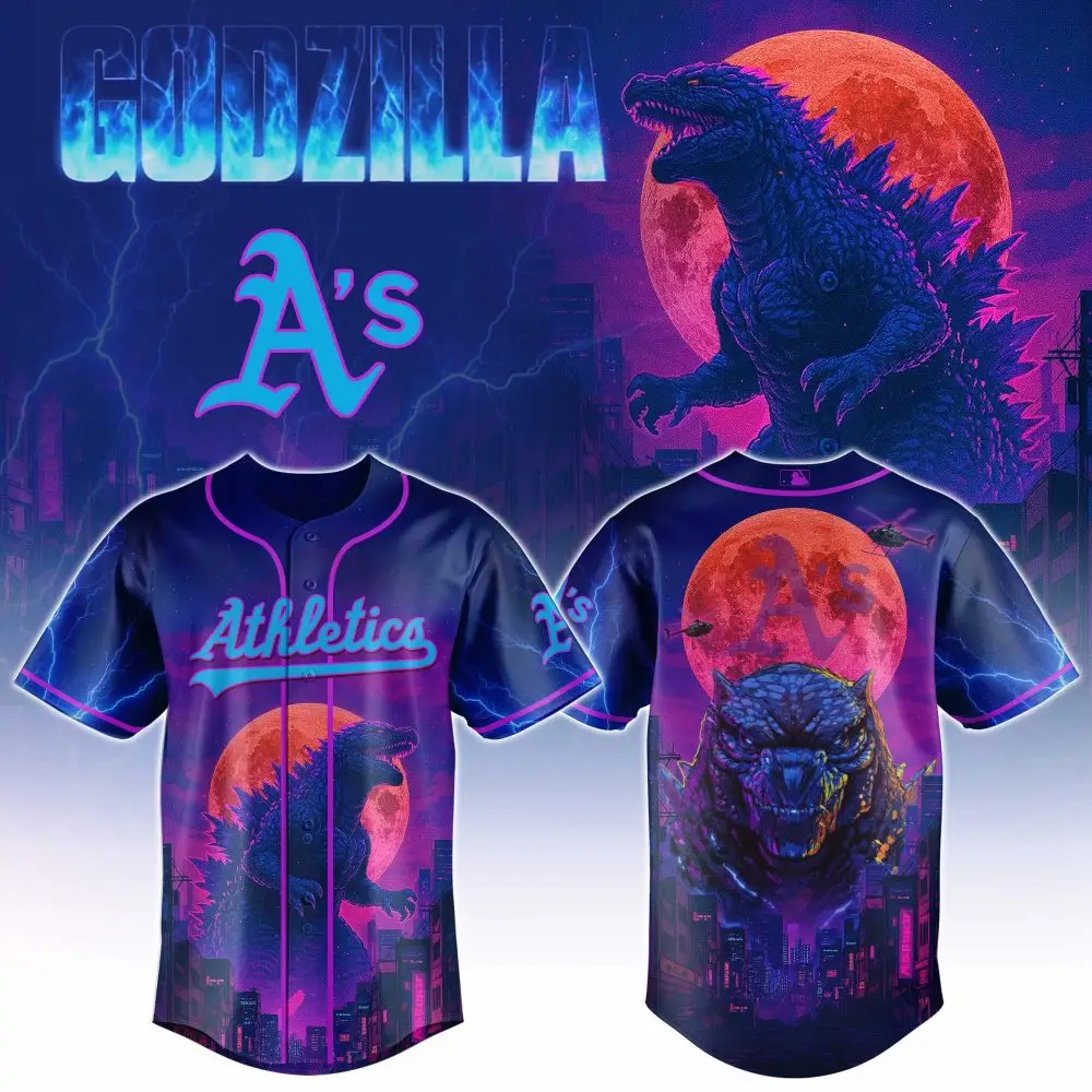 Unleash The Beast: Godzilla Athletics Jersey - Bold Neon Design For Fans! Unleash The Beast: Godzilla Athletics Jersey - Bold Neon Design For Fans! - Image 1