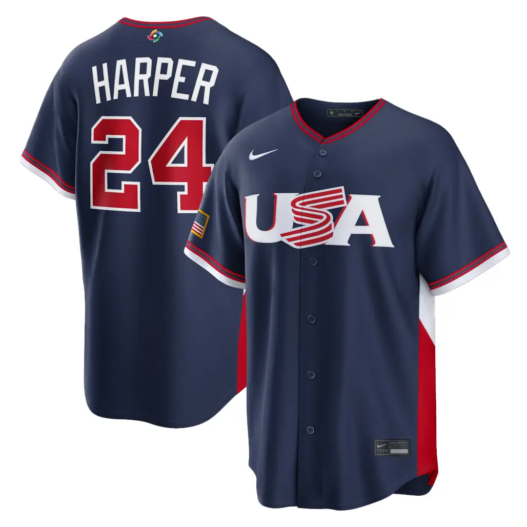 USA Baseball Bryce Harper Navy 2026 World Baseball Classic Road Stadium Baseball Jersey - Tazila