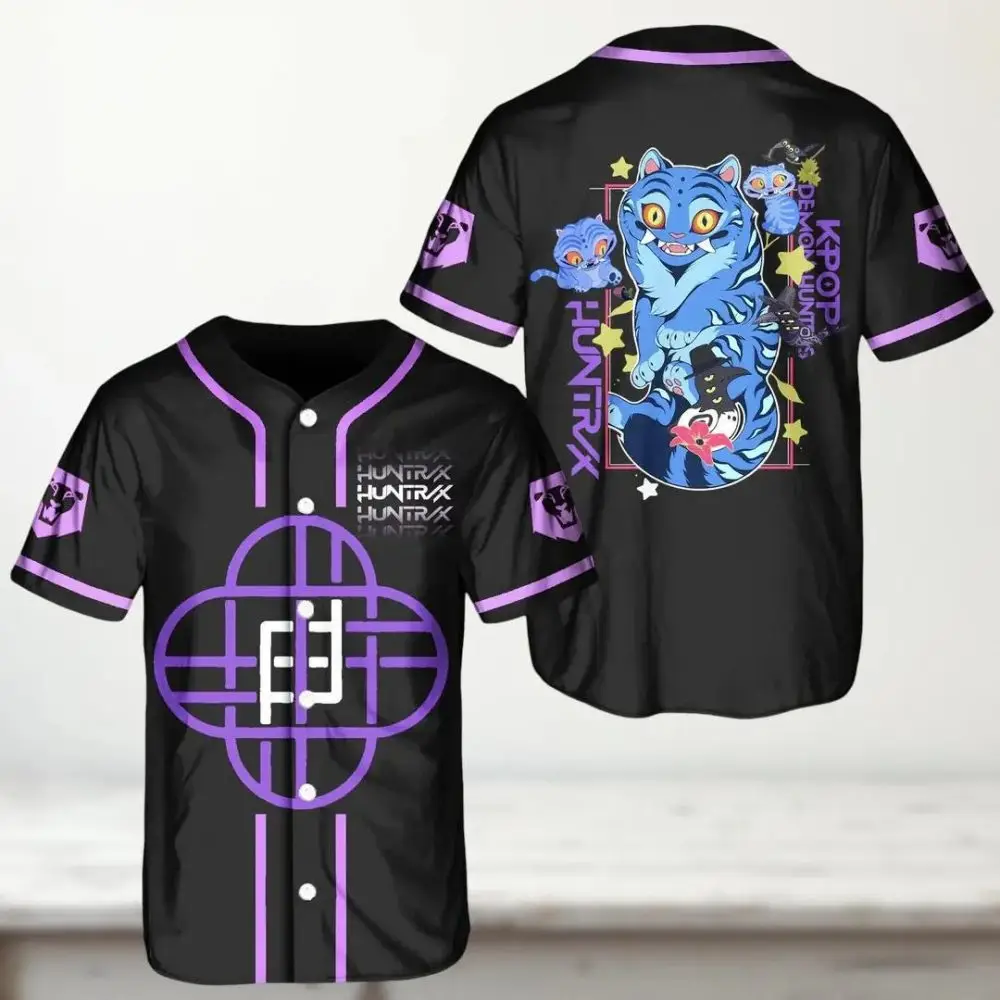 Vibrant Cat Design K-Pop Baseball Jersey Shirt - Unisex Black & Purple Graphic Tee