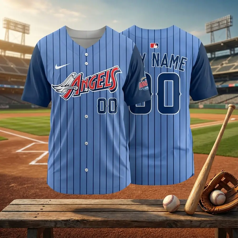 Vintage Angels Baseball Jersey - Custom Blue Pinstripe Design, Perfect Gift For Fans