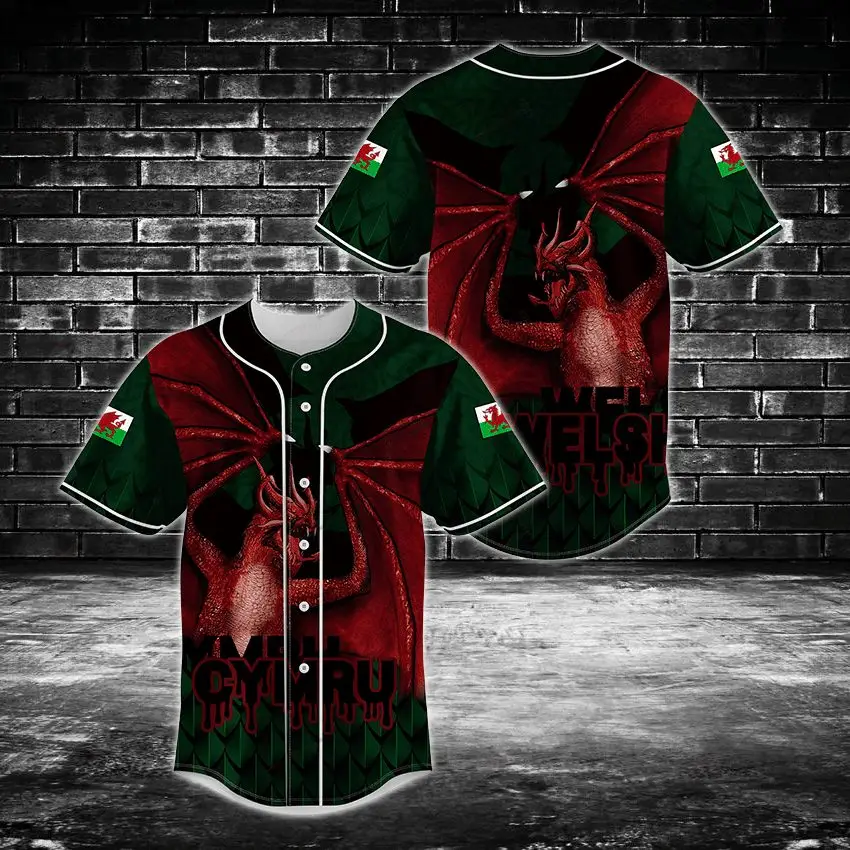 Welsh Dragon Baseball Jersey - Bold Red & Green Design, Unisex Sportswear