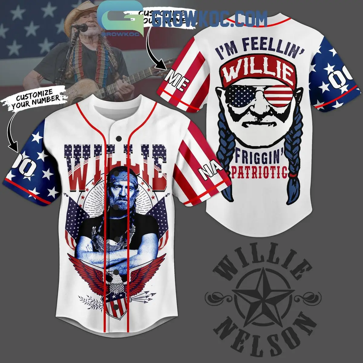 Willie Nelson I'm Feelin' Friggin' Patriotic Personalized Baseball Jersey