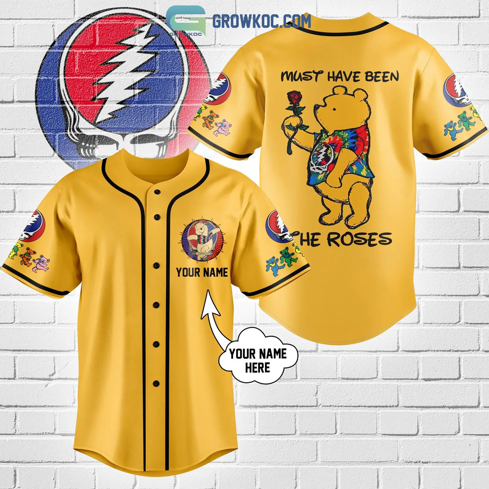Winnie-the-Pooh Mix Grateful Dead Gold Design Personalized Baseball Jersey