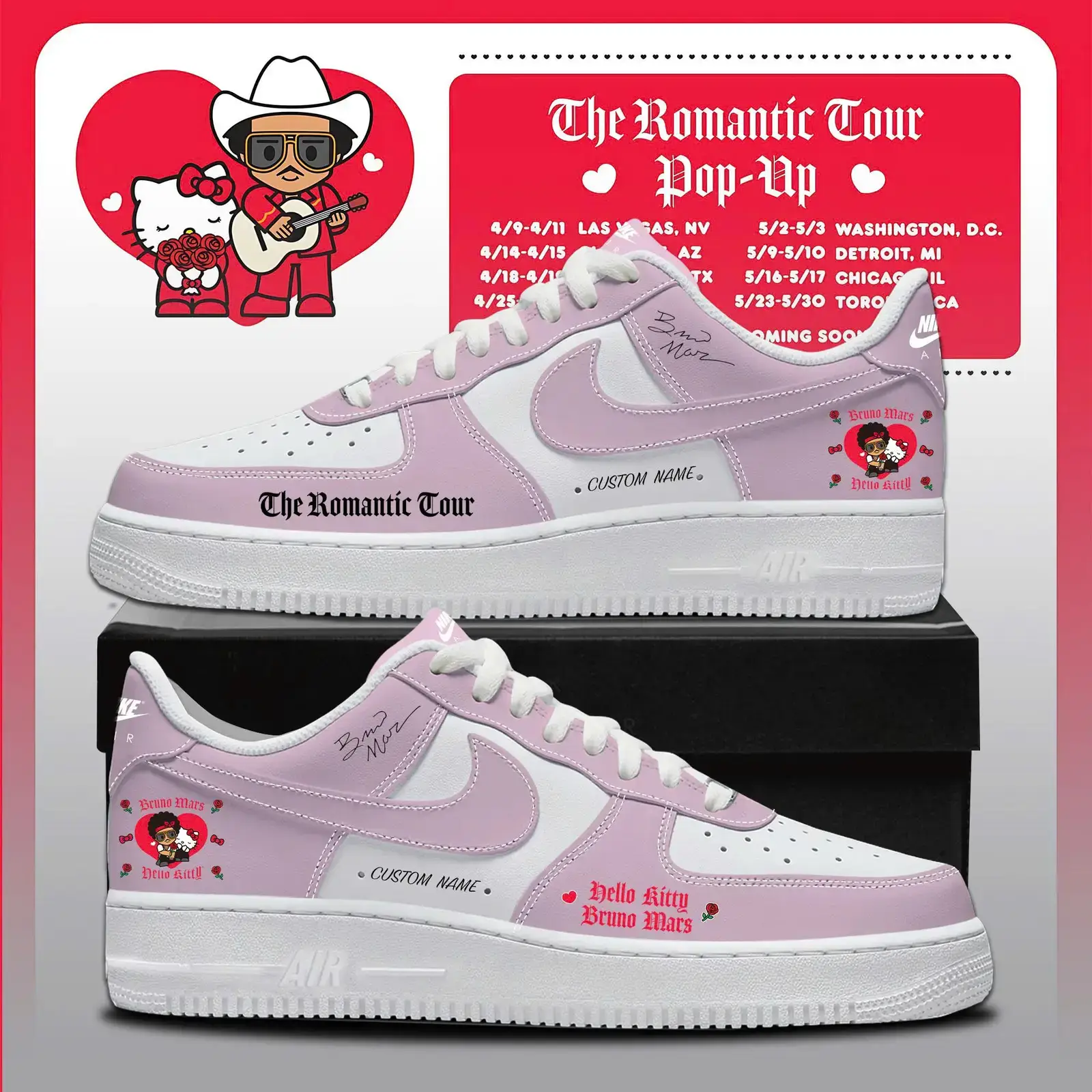 Bruno Mars x Hello Kitty "The Romantic Tour" Limited Edition Air Force 1 Sneakers | LI15
