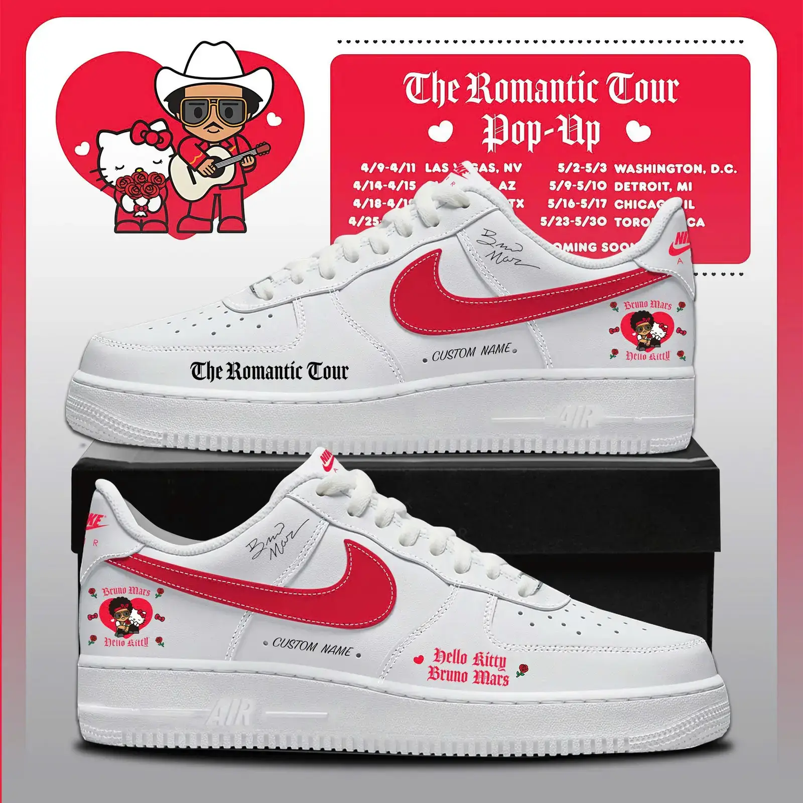 Bruno Mars x Hello Kitty "The Romantic Tour" Limited Edition Air Force 1 Sneakers | QR83