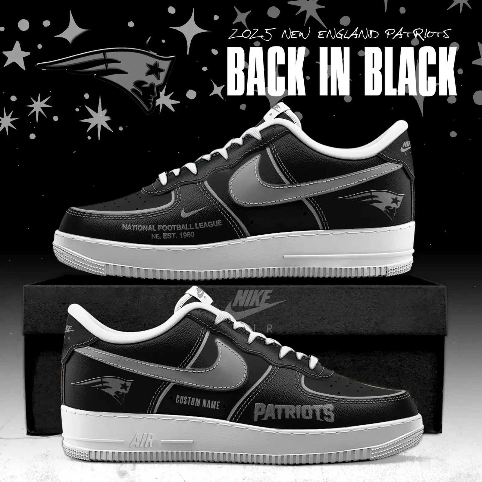 New England Patriots 2025 Back In Black Limited Edition Air Force 1 Sneakers | YS21