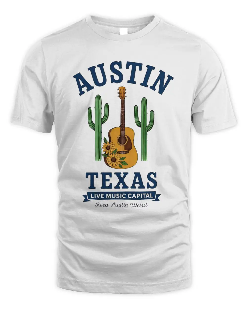 Austin Texas Live Music Capital Keep Weird Acoustic Guitar Sunflowers Cacti Shirt