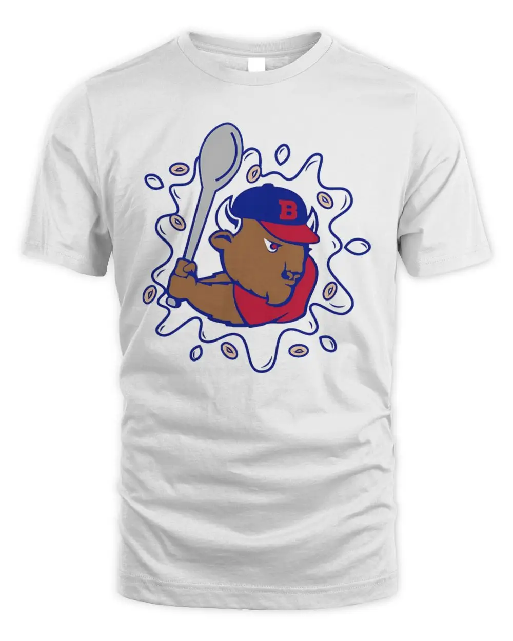 Buffalo Bison Mascot Holding Spoon Baseball Bat Milk Splash Cereal Bowl Gold Hoodie