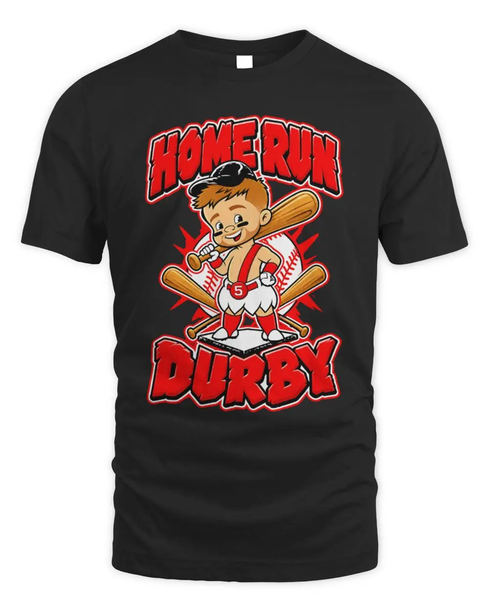 Home Run Durby #5 Baseball Cartoon Character Explosive Background Graphic T-Shirt