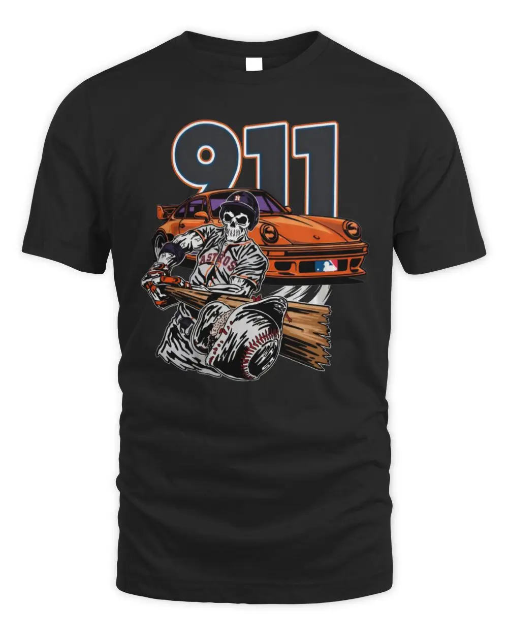 Houston Astros 911 Porsche Sports Car Skeleton Baseball Batter Breaking Bat T-Shirt