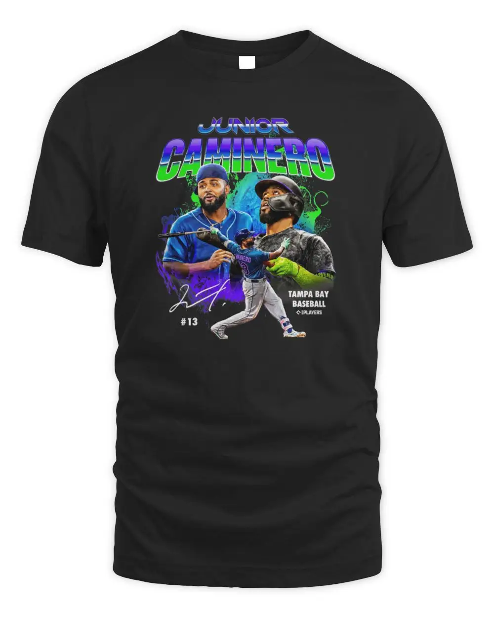 Junior Caminero Tampa Bay Baseball MLB Player #13 Action Signature Style Retro Graphic T-Shirt