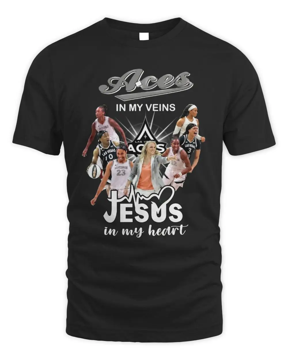 Las Vegas Aces In My Veins Jesus In My Heart Signatures WNBA T-Shirt Las Vegas Aces In My Veins Jesus In My Heart Signatures WNBA T-Shirt - Image 1